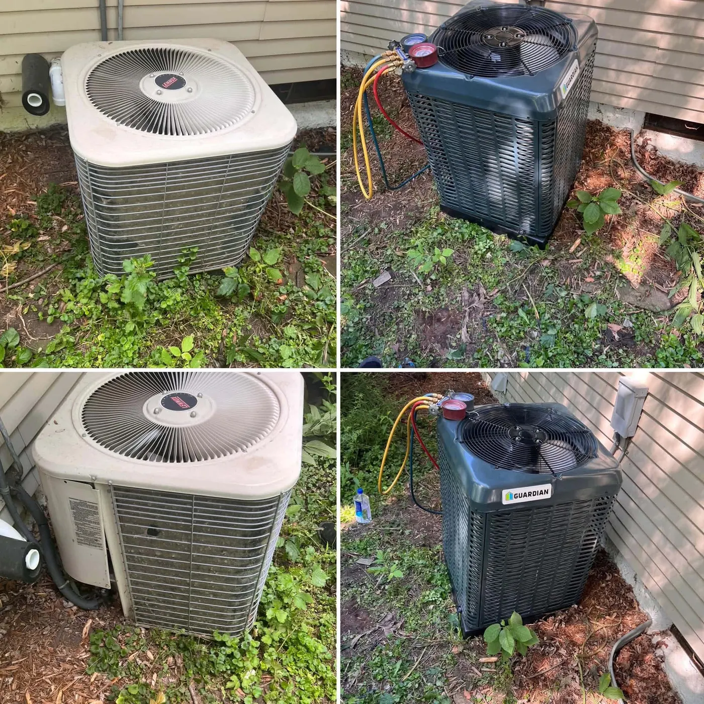 Before and after: a faded Lennox condenser replaced with a new Guardian air conditioner beside a tan-sided house