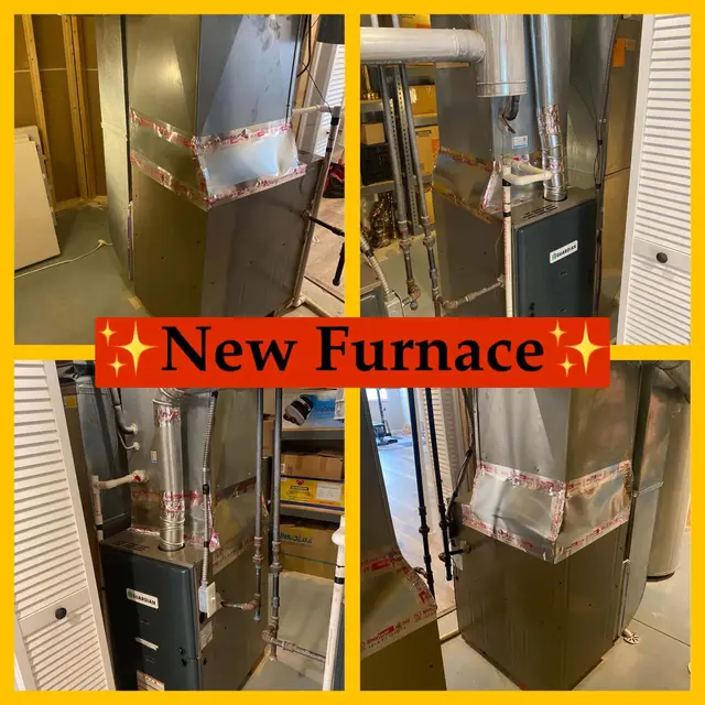 Four views of a newly installed Guardian gas furnace with sealed plenum, labeled New Furnace