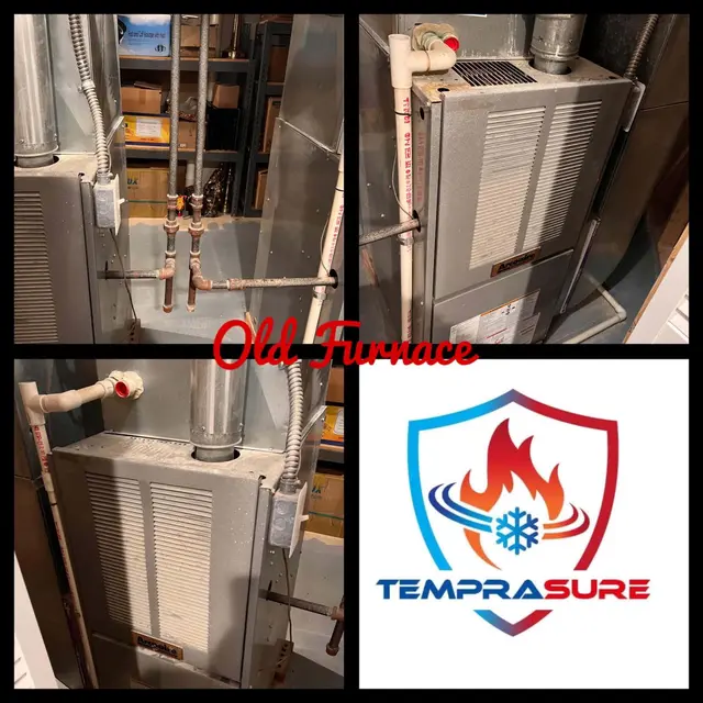 Three views of an old Arcoaire gas furnace before replacement, with the Temprasure logo