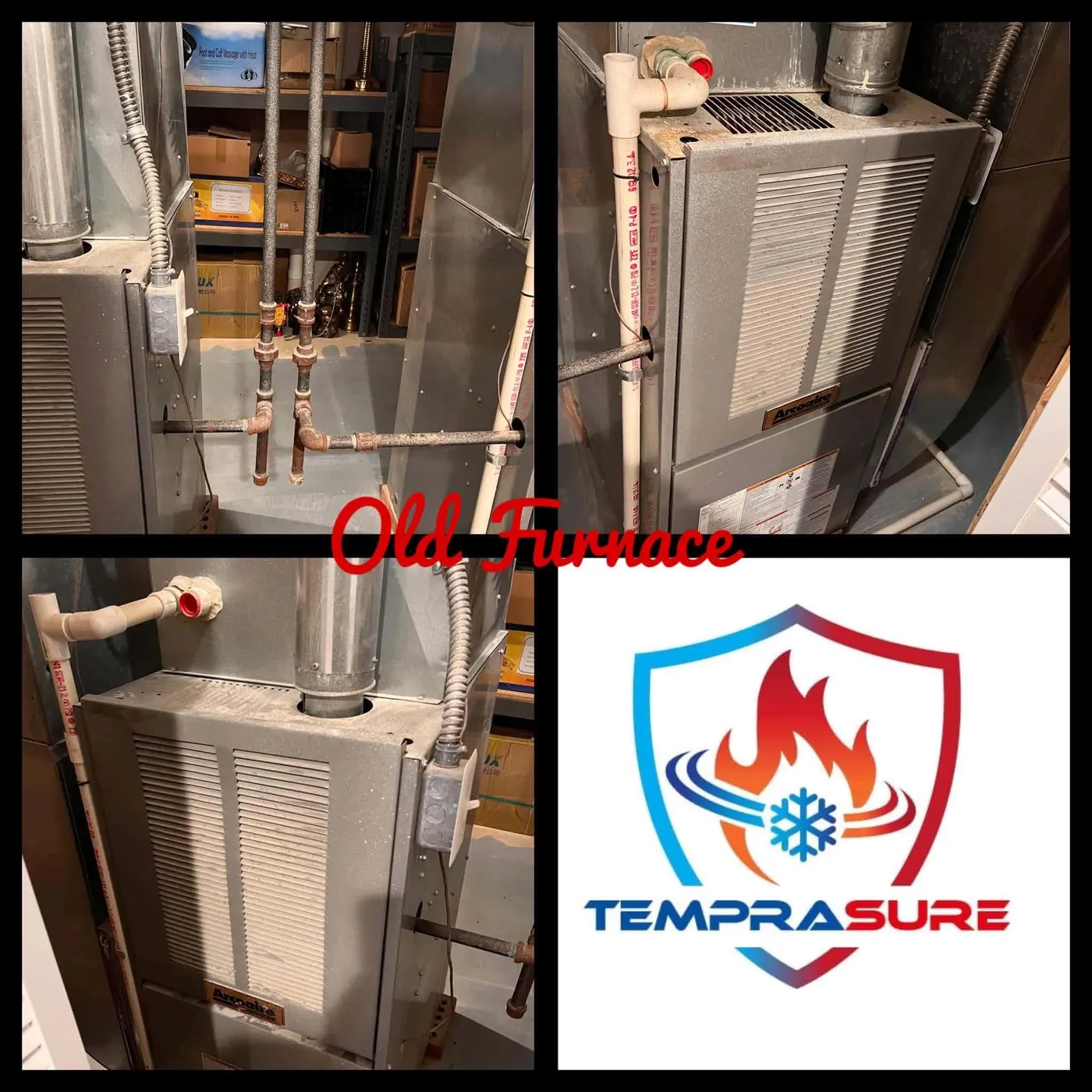 Three views of an old Arcoaire gas furnace before replacement, with the Temprasure logo
