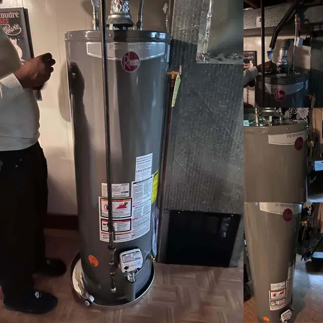A new Rheem Performance gas water heater installed in a basement, shown from three angles